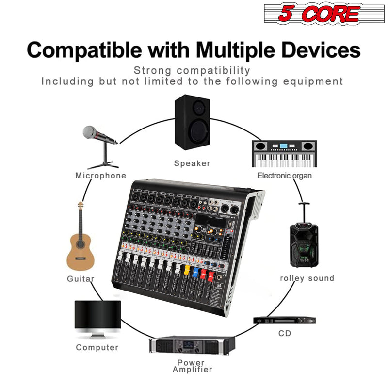 5 Core Audio Mixer 8 Channel DJ Equipment Digital Sound Board Karaoke XLR Mixers Professional Bluetooth USB Interface w Effects for Recording Music Studio PC Podcast Instrument Consola DJ - MX 8CH L-3