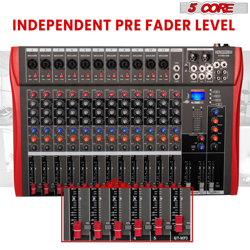 5 Core Professional Audio Mixer DJ Equipment Digital Sound Board Karaoke XLR Mixers Professional 12 Channel Bluetooth USB w Effects for Recording Music Studio PC Podcast Instruments Consola De Sonido - MX 12CH-4