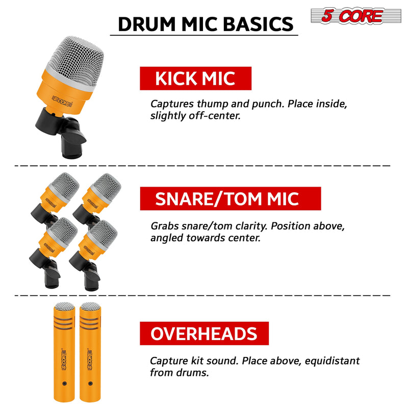 5 Core Drum Microphone Kit 7 Piece Wired Full Metal Dynamic Wired drums Mic Set for Drummers w/ Bass / Tom / Snare + Carrying Case / Sponge & Mic Clamp for Vocal & Other Instrument YLW -DM 7ACC YLW-5