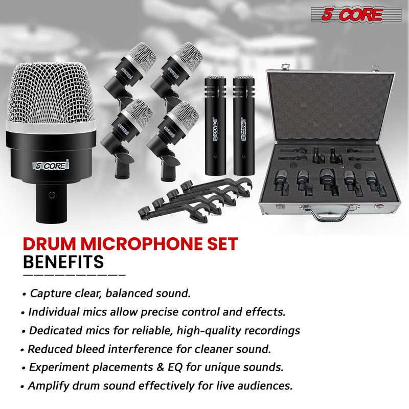 5 Core Drum Microphone Kit 7 Piece Wired Full Metal Dynamic Wired drums Mic Set for Drummers w/ Bass / Tom / Snare + Carrying Case / Sponge & Mic Clamp for Vocal & Other Instrument BLACK -DM 7ACC BLK-4