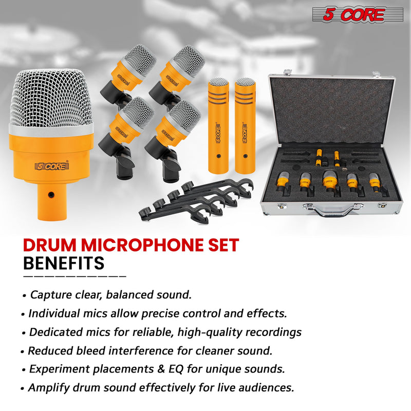 5 Core Drum Microphone Kit 7 Piece Wired Full Metal Dynamic Wired drums Mic Set for Drummers w/ Bass / Tom / Snare + Carrying Case / Sponge & Mic Clamp for Vocal & Other Instrument YLW -DM 7ACC YLW-6