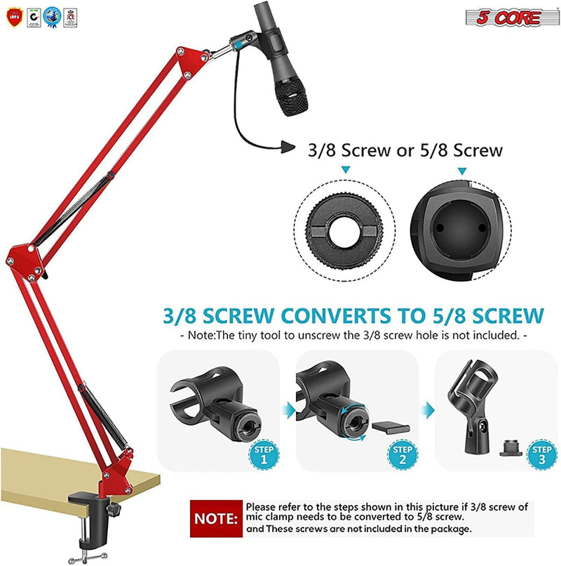 5 Core Microphone Arm Desk Mic Holder Stand Red Adjustable Microphone Arm Desk Mount 360° Rotatable And Foldable Scissor Mounting -MS ARM R-3
