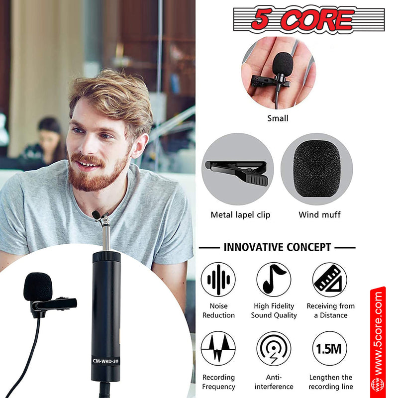 5 Core Lavalier Microphone for iPhone & Tablet External Clip On Mini Lapel Mic for Video Recording & Vlogging with 3.5mm Connector -CM-WRD 30-8
