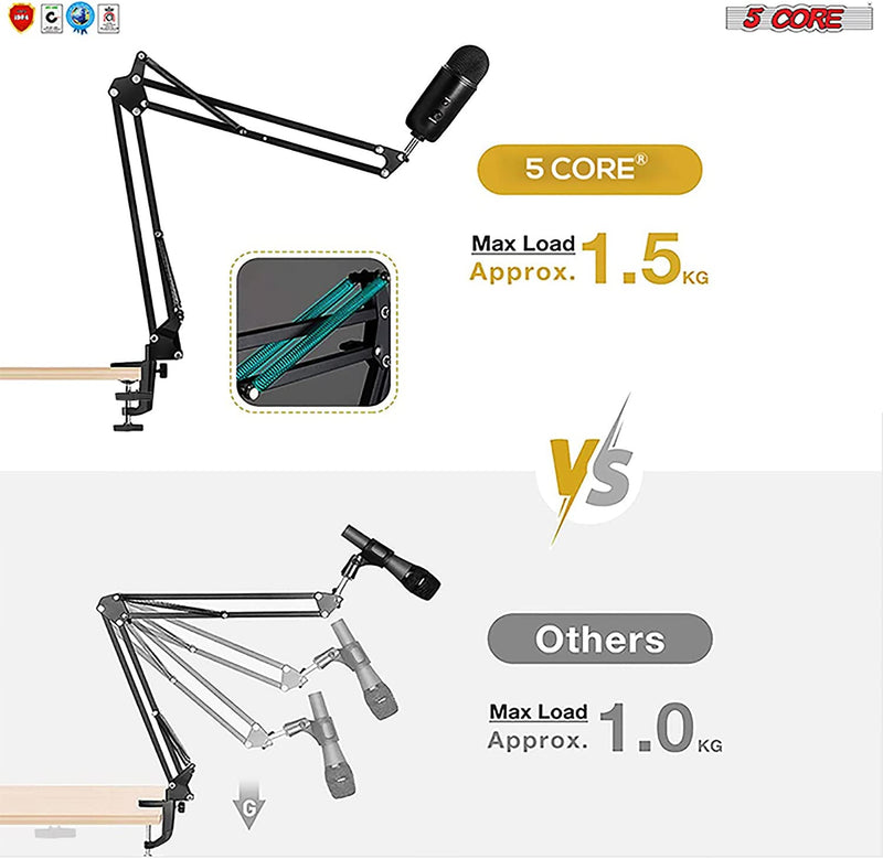 5 Core Microphone Stand Adjustable Suspension Boom Scissor Arm Mic Stand with 3/8/''to 5/8/'' Screw Adapter w Pop Filter Shock Mount - RM STND 3 P-7