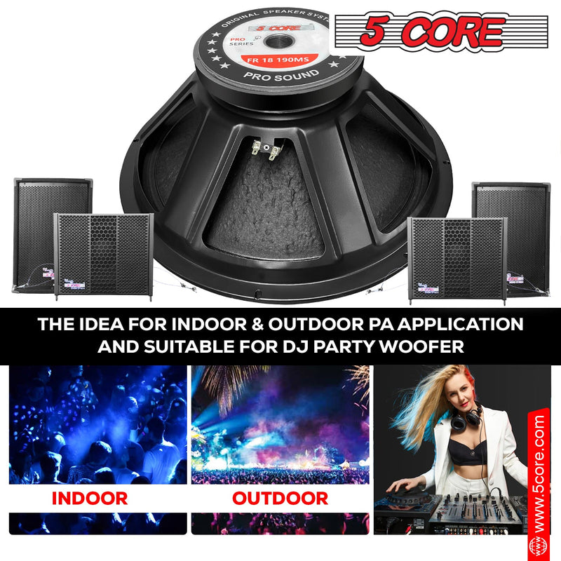 5 CORE 18 Inch Subwoofer Speaker 850W Peak High Power Handling 500W RMS 18" Replacement 8 Ohm Pro Audio DJ Sub Woofer w/ CCAW Voice Coil Steel Frame 97oz Magnet - FR 18 190 MS-3