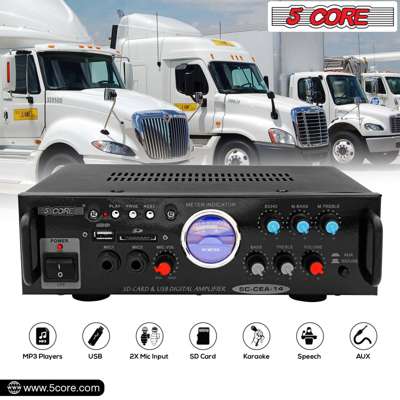 5 Core Car Amplifier 300W Dual Channel Amplifiers Car Audio w MOSFET Power Supply Premium Amp with EQ Control 2 Mic 1 USB and SD Card Input -CEA 14-5