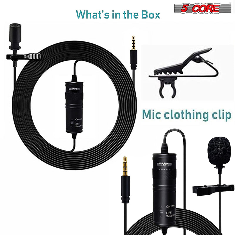 5 Core Professional Grade Lavalier Clip On Microphone| Premium Lav Mic for Camera, Phone, GoPro Video Recording | Compact Noise Cancelling 3.5mm Tiny Shirt Mic with Easy Clip and Windscreen- CM 001-3