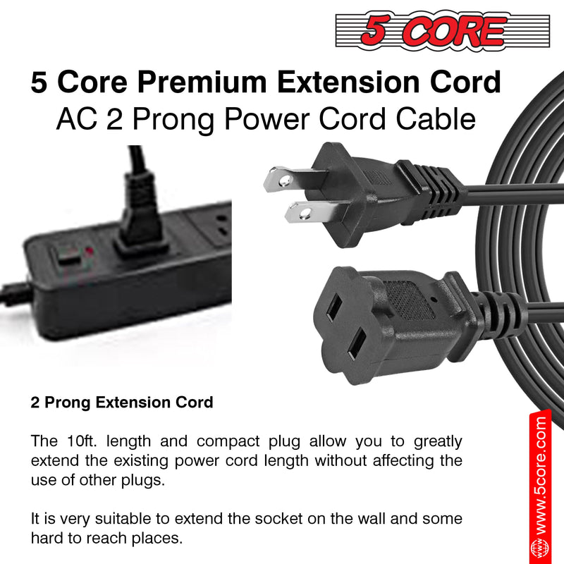 5 Core 2 Prong Extension Cord 12ft Durable Two Prong Extension Cable US AC 2 Prong Christmas Light Extension Cord Outdoor Plug Extender -EXC BLK 12FT-6