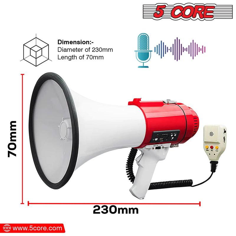 5 Core Megaphone Bull Horn 60W Loud Siren Noise Maker Professional Bullhorn Speaker Rechargeable w Handheld Mic Recording USB SD Card Adjustable Volume for Sports Speeches Events Emergencies -77SF-1