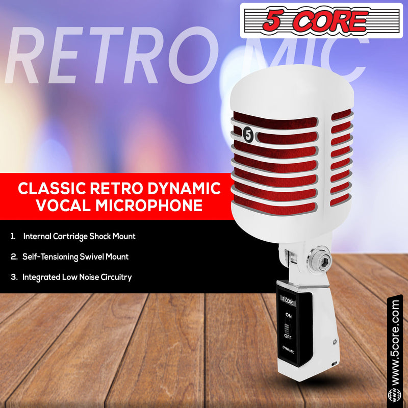 5 Core Classic Retro Dynamic Vocal Microphone Old Vintage Style Unidirectional Chrome Cardioid Professional Noise Reduction Mic for Instrument Live Performance Prop Studio Recording -RTRO MIC CH RED-8