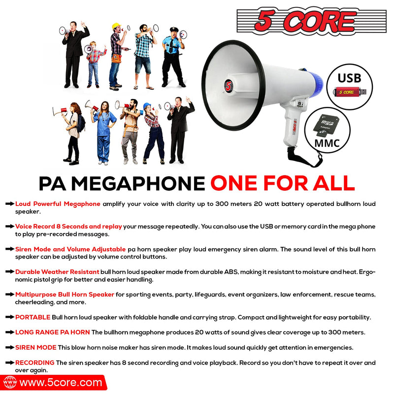 5 Core Megaphone Bull Horn 20W 300M Range Loud Speaker Portable PA Horn w Recording Volume Control Bullhorn Siren Cheer Noise Maker for Coaches Sporting Event Party Crowd Control -20R-USB WoB-9