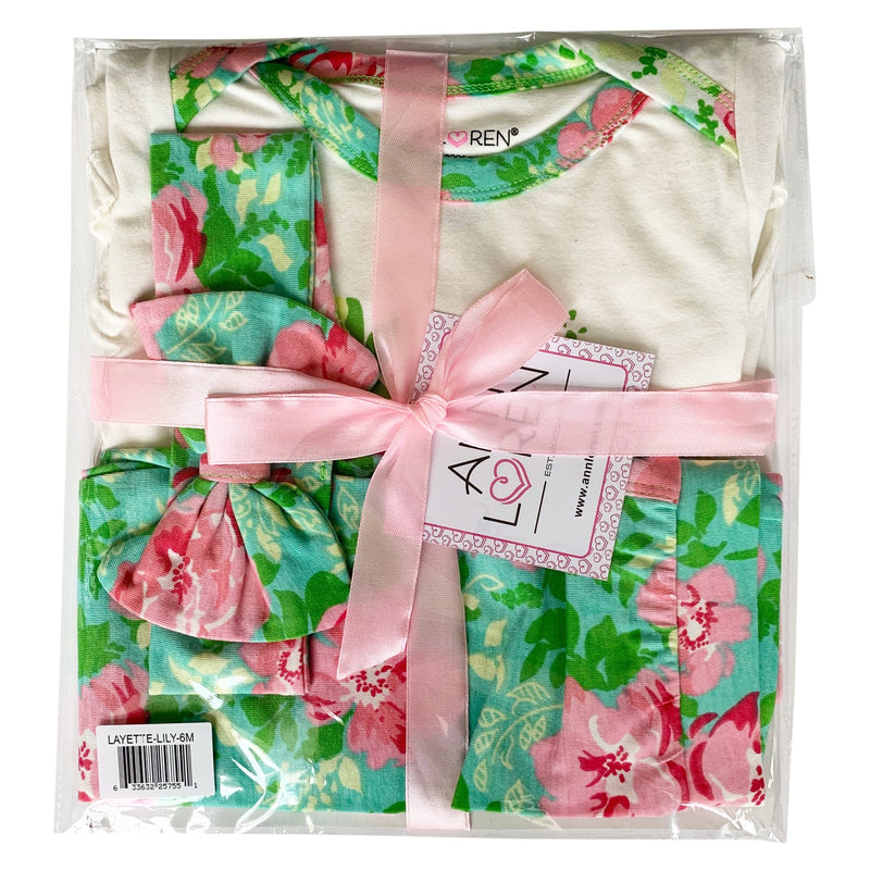 AnnLoren Baby Girls Layette Floral Onesie Pants Headband 3pc Gift Set Clothing-1