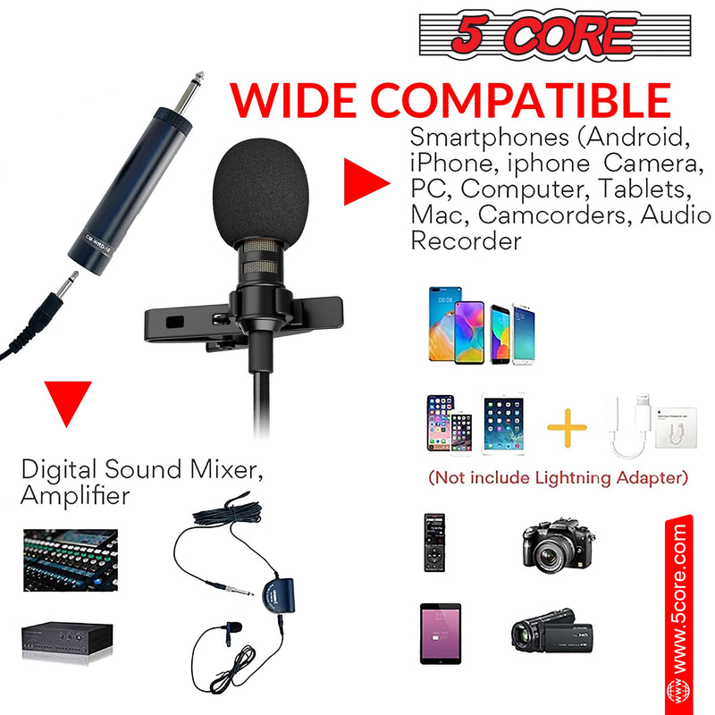 5 Core Lavalier Microphone for iPhone & Tablet External Clip On Mini Lapel Mic for Video Recording & Vlogging with 3.5mm Connector -MIC WRD 10-3