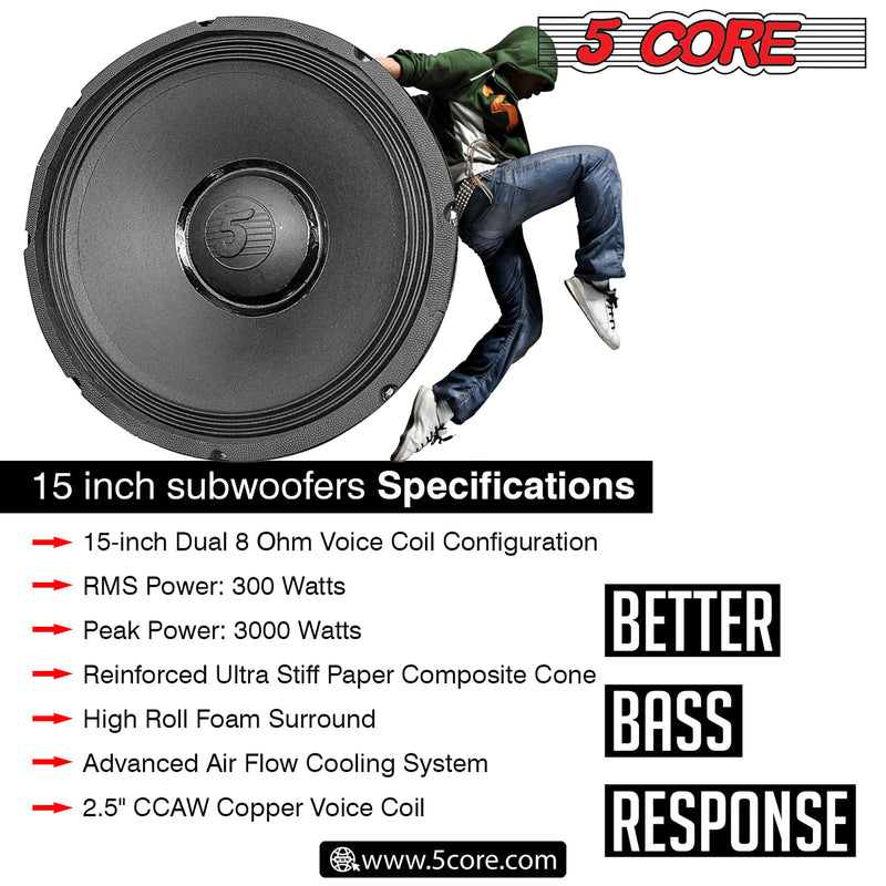 5 CORE 15 Inch Subwoofer Speaker 3000W Peak High Power Handling 300W RMS 15" Replacement 8 Ohm Pro Audio DJ Sub Woofer w/ CCAW Voice Coil Steel Frame 90oz Magnet - 15-185 MS 300W-4
