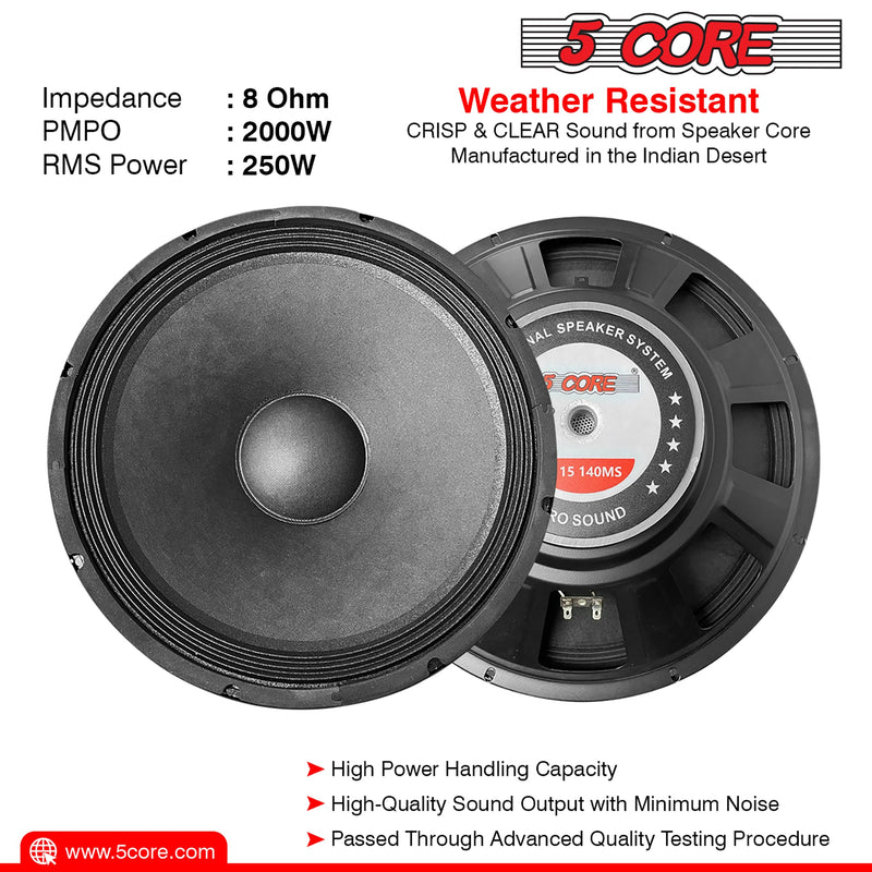 5 Core 15 Inch Subwoofer Speaker 250W RMS Full Range DJ Sub Woofer Systems 8 Ohm 60 OZ Magnet Raw Replacement Stereo Subwoofers -FR 15 140 MS-8