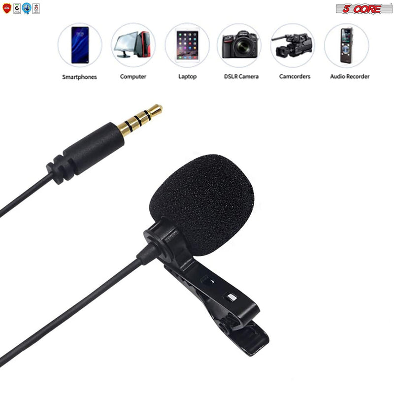5 Core Professional Grade Lavalier Clip On Microphone| Premium Lav Mic for Camera, Phone, GoPro Video Recording | Compact Noise Cancelling 3.5mm Tiny Shirt Mic with Easy Clip and Windscreen- CM 001-1