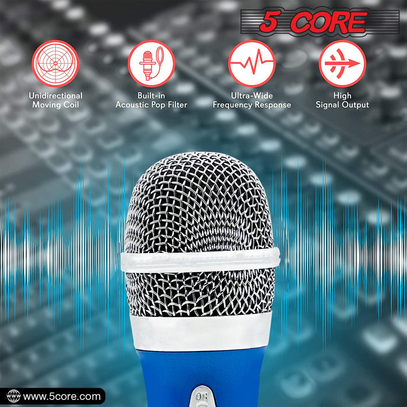 5 CORE Premium Vocal Dynamic Cardioid Handheld Microphone Unidirectional Mic with 12ft Detachable XLR Cable to inch Audio Jack and On/Off Switch for Karaoke Singing (Blue) PM 286 BLU-6