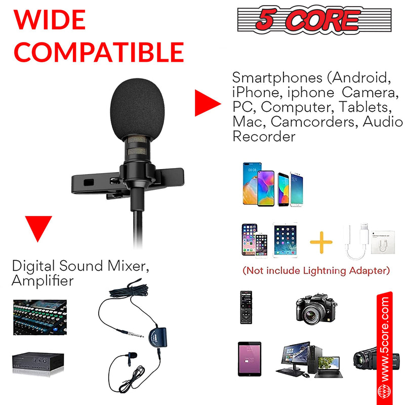 5 Core Professional Lavalier Microphone | Omnidirectional Condenser Mic with Adapter| for Podcasting, Recording, Vlogging, Compatible with Smartphone, DSLR, Camera, PC, Computer, Laptop- CM-WRD 50-8