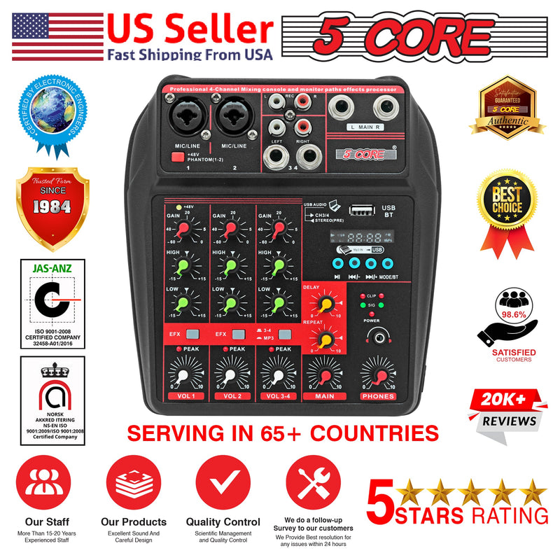 5 Core Audio Mixer Dj Mixer 4 Channel Sound Board w Built-in Effects & Usb Interface Bluetooth Reliale Karaoke Podcast Music Mixer -MX 4CH-13