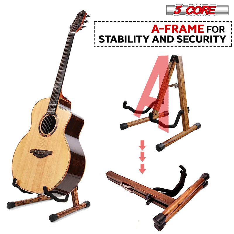 5 Core Wood Guitar Stand/ Acoustic Electric Wooden Guitar Floor Stand/ Universal A-Frame Folding Guitar Holder Adjustable for Bass, Cello, Mandolin, Banjo, Ukulele- GSS WD-4