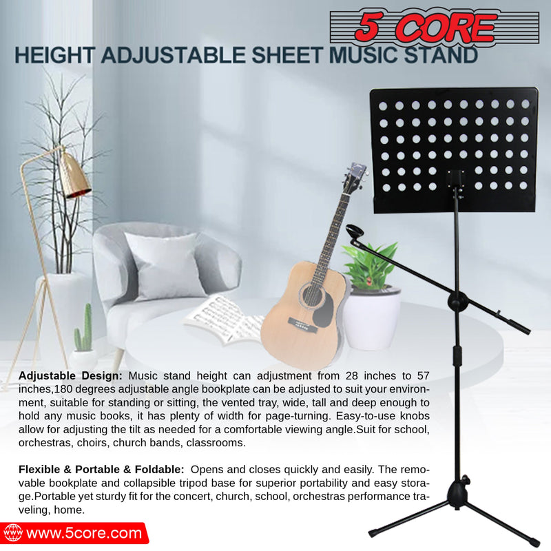 5 Core Sheet Music Stand With Mic Stand Holder - 3 IN 1 Professional Portable Music Stand with Folding Tray, Detachable Microphone Stand Dual-Use for Sheet Music & Projector Stand MUS MH-8