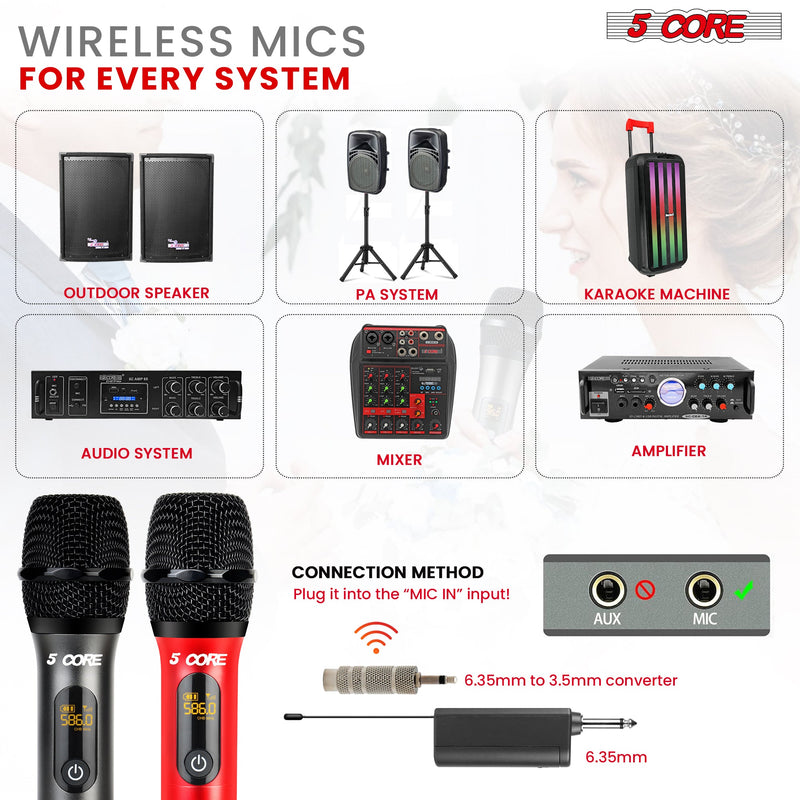 5 Core Wireless Microphones 210ft Range UHF Dual Karaoke Mic Cardioid Pickup Rechargeable Receiver Cordless Microfono Inalambrico Red & Gray - WM UHF 02-RED+GRAY-4