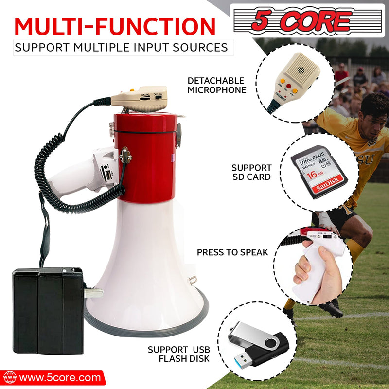 5 Core Megaphone Bull Horn 50W Loud Siren Noise Maker Professional Bullhorn Speaker Rechargeable PA System w Recording USB SD Card Adjustable Volume for Coaches Speeches Events Emergencies - 66SF WB-4