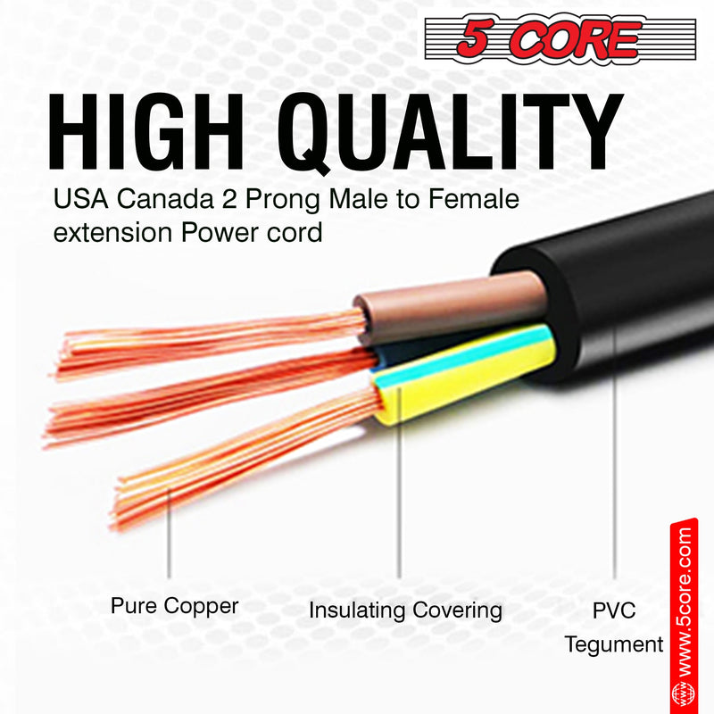 5 Core 2 Prong Extension Cord 12ft Durable Two Prong Extension Cable US AC 2 Prong Christmas Light Extension Cord Outdoor Plug Extender -EXC BLK 12FT-3