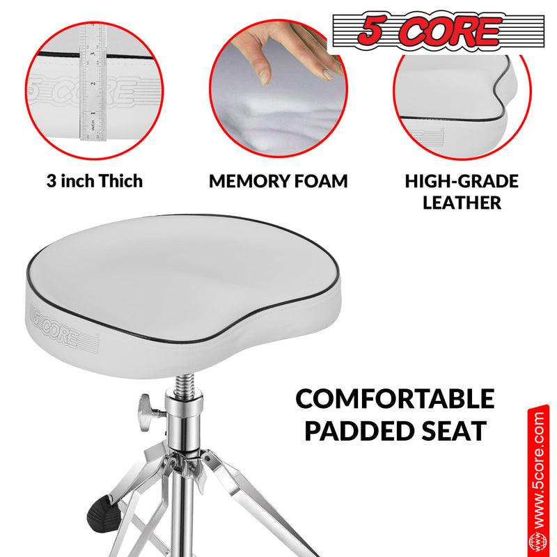 5 Core Drum Throne Saddle Heavy Duty Height Adjustable Padded Comfortable Drum Seat Stools Chair w Double Braced Anti-Slip Feet - DS CH WH SDL HD-9