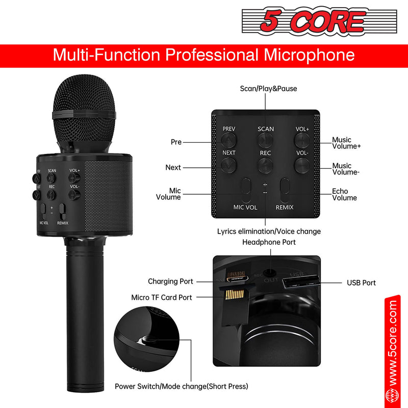 5 Core Bluetooth Wireless Karaoke Microphone, All-in-One Premium Handheld Karaoke Mic Speaker Recorder Player w/ Adjustable Remix FM Radio Great Gifts for Girls Boys Adults All Age (Black)- WM SPK BLK-5