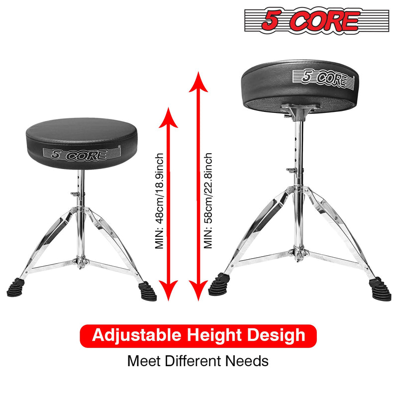 5 Core Drum Throne Black| Height Adjustable Padded Seat Drum Stool| Folding Portable Drummer Throne with Anti-Slip Feet| with two Drumsticks, Drum Chair for Kids and Adults- DS CH BLK-8