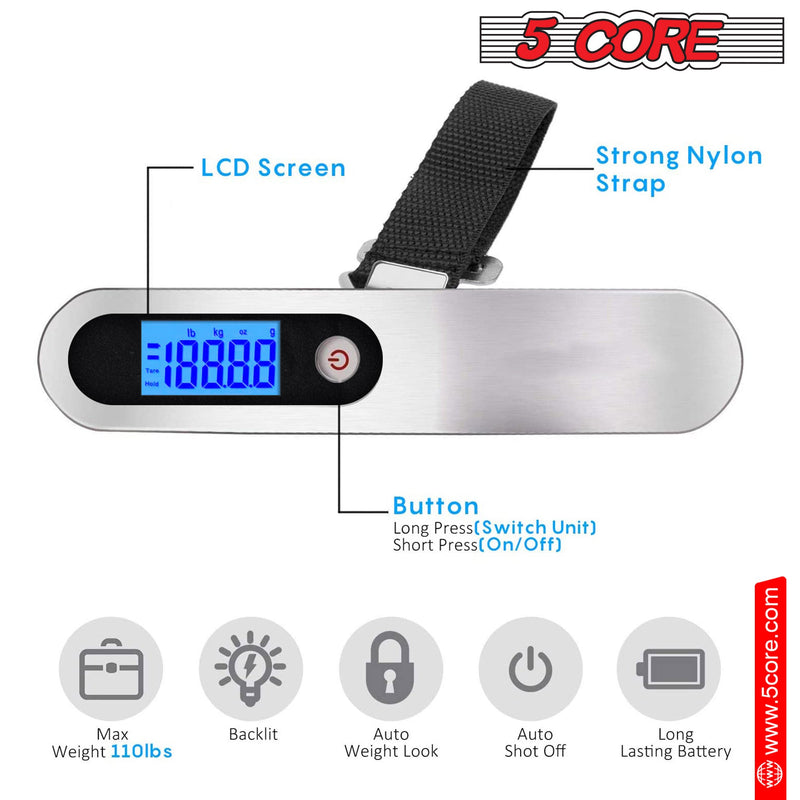 5 Core Luggage Scale 1 Piece 110 Pounds Digital Hanging Weight Scale w Backlight Rubber Paint Handle Battery Included- LS-005-5