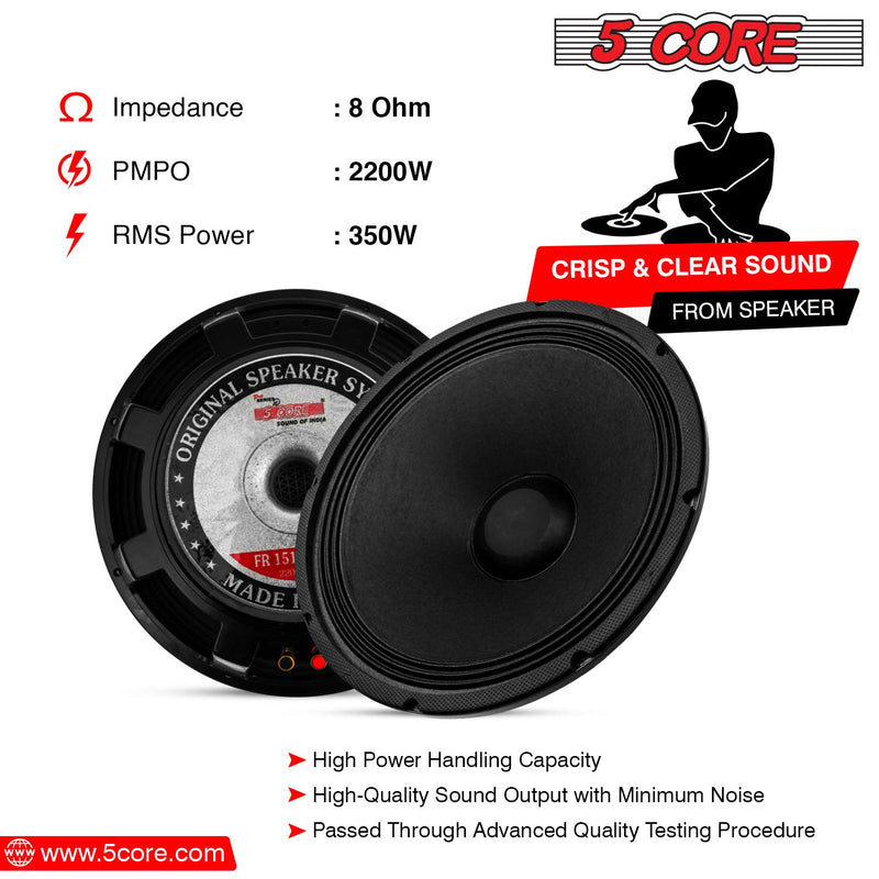5 CORE 15 Inch Subwoofer Speaker 2200W Peak High Power Handling 350W RMS 15" Replacement 8 Ohm Pro Audio DJ Sub Woofer w/ CCAW Voice Coil Aluminum Frame 90oz Magnet - 15-185 17 AL-9