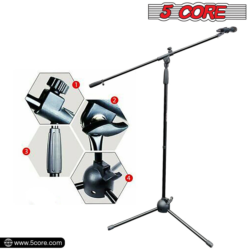 5 Core Foldable Tripod Microphone Stand - Universal Mic Mount, Height Adjustable from 36 to 65 Inch w/ Extending 30 Telescoping Boom Arm - Knob Tension Lock Mechanism w/ Mic Clip MS 080-5