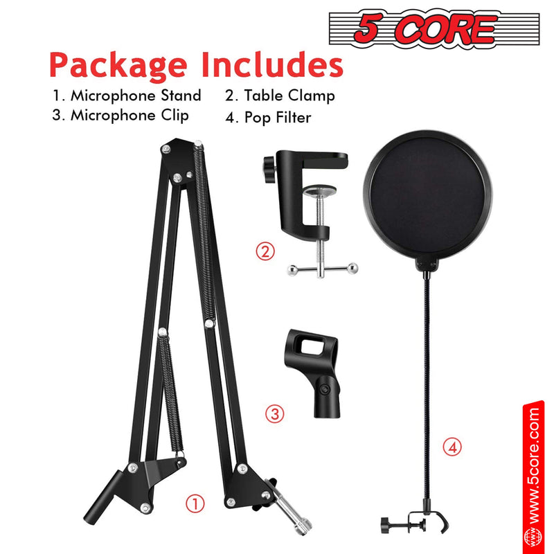 5 Core Microphone Stand Adjustable Suspension Boom Scissor Arm Mic Stand with 3/8/''to 5/8/'' Screw Adapter Includes Dual Layer Pop Filter - RM STND 2-3