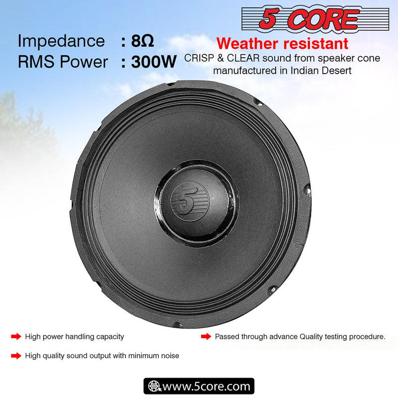 5 CORE 15 Inch Subwoofer Speaker 3000W Peak High Power Handling 300W RMS 15" Replacement 8 Ohm Pro Audio DJ Sub Woofer w/ CCAW Voice Coil Steel Frame 90oz Magnet - 15-185 MS 300W-6