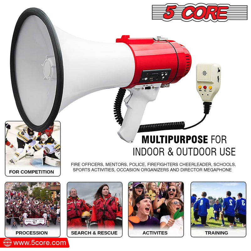 5 Core Megaphone Bull Horn 60W Loud Siren Noise Maker Professional Bullhorn Speaker Rechargeable w Handheld Mic Recording USB SD Card Adjustable Volume for Sports Speeches Events Emergencies -77SF-9
