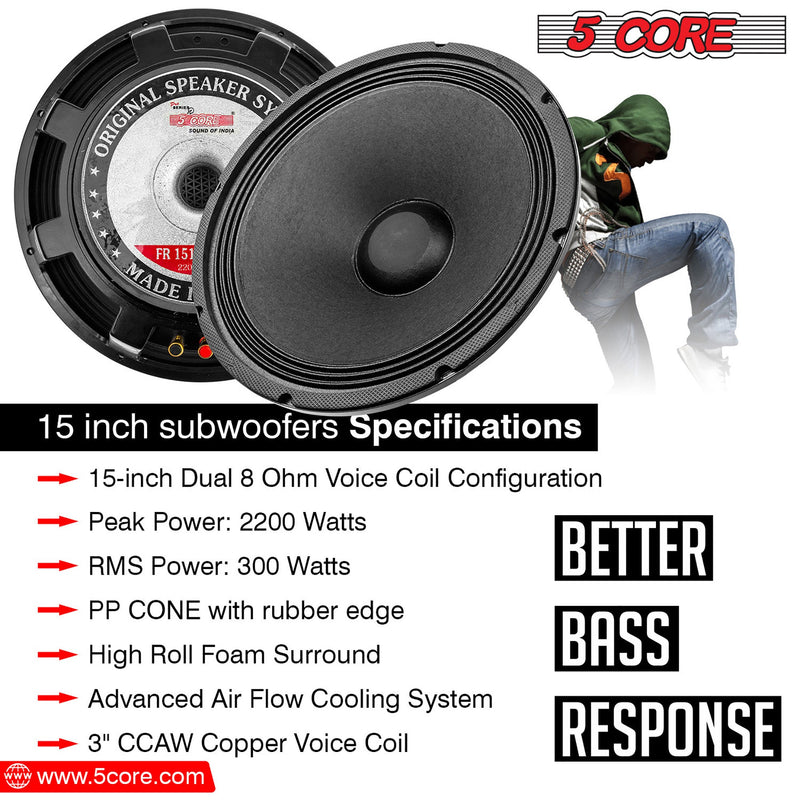 5 CORE 15 Inch Subwoofer Speaker 2200W Peak High Power Handling 350W RMS 15" Replacement 8 Ohm Pro Audio DJ Sub Woofer w/ CCAW Voice Coil Aluminum Frame 90oz Magnet - 15-185 17 AL-13