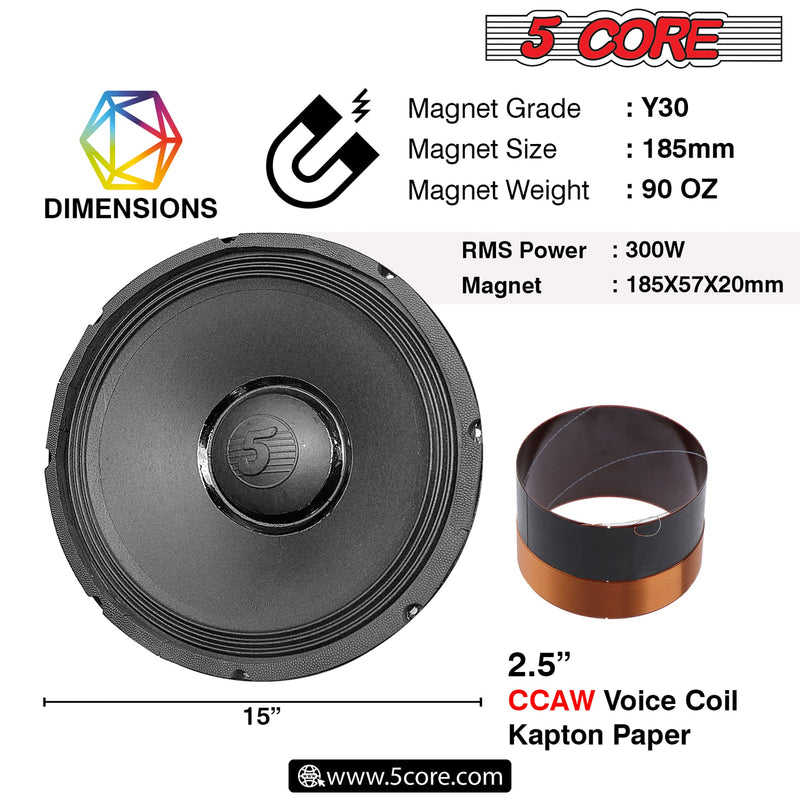 5 CORE 15 Inch Subwoofer Speaker 3000W Peak High Power Handling 300W RMS 15" Replacement 8 Ohm Pro Audio DJ Sub Woofer w/ CCAW Voice Coil Steel Frame 90oz Magnet - 15-185 MS 300W-7