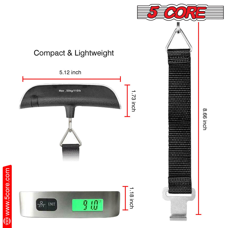 5 Core Luggage Scale 110 Pounds Digital Hanging Weight Scale w Backlight Rubber Paint Handle Battery Included- LSS-004-5