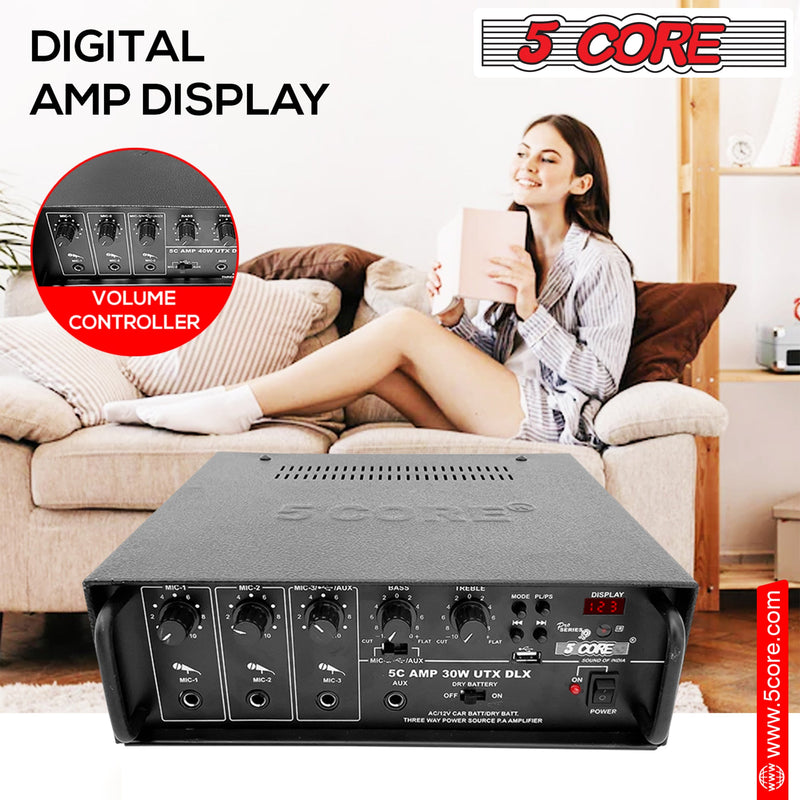 5 Core Stereo Amplifier 30W Upgraded Karaoke Amp with Microphone Inputs 2 Channel PA Speaker Audio Amplifier Outdoor and Home -AMP 30W-UTX-DLX-5