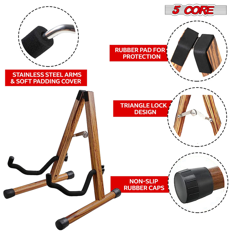 5 Core Wood Guitar Stand/ Acoustic Electric Wooden Guitar Floor Stand/ Universal A-Frame Folding Guitar Holder Adjustable for Bass, Cello, Mandolin, Banjo, Ukulele- GSS WD-6
