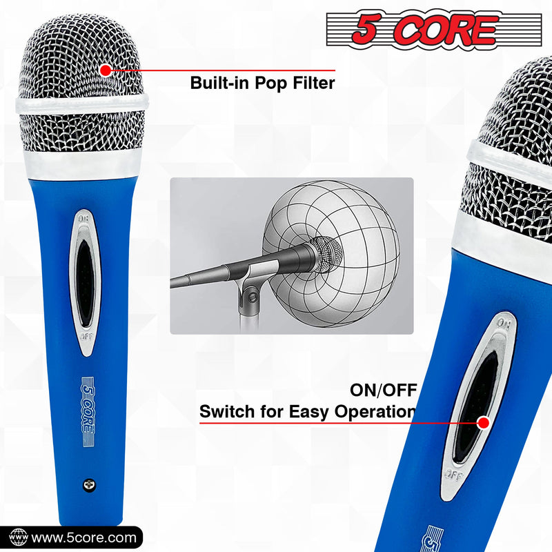 5 CORE Premium Vocal Dynamic Cardioid Handheld Microphone Unidirectional Mic with 12ft Detachable XLR Cable to inch Audio Jack and On/Off Switch for Karaoke Singing (Blue) PM 286 BLU-2