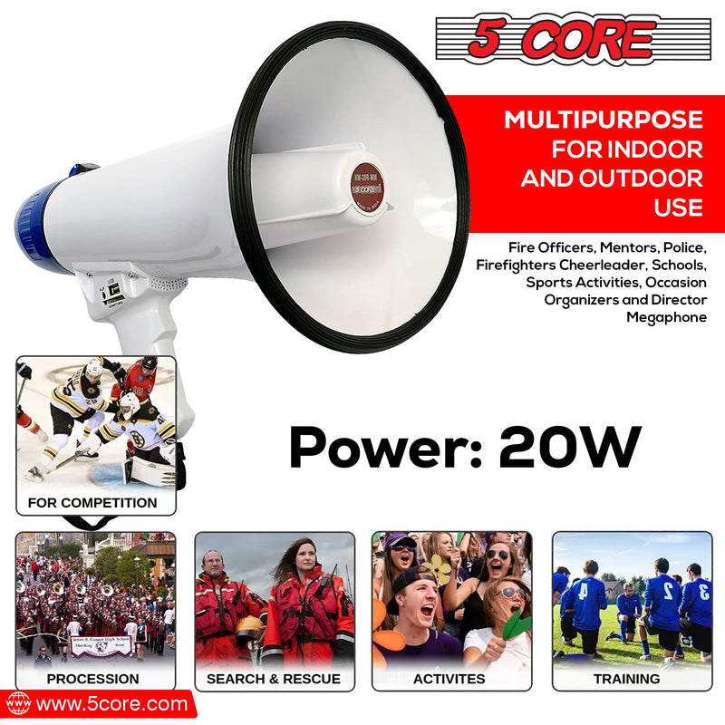 5 Core Megaphone Bull Horn 20W 300M Range Loud Speaker Portable PA Horn w Recording Volume Control Bullhorn Siren Cheer Noise Maker for Coaches Sporting Event Party Crowd Control -20R-USB WoB-6