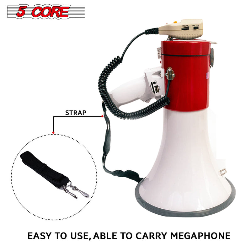 5 Core Megaphone Speaker| 25W Bullhorn Clear & Far Reaching Sound- Multi-Function with REC, Siren, Volume Control |AUX, USB, SD Input| Handheld Mic with ergonomic Grip| for Indoor & Outdoor Use- 66SF-13
