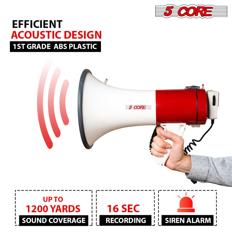 5 Core Megaphone Speaker| 25W Bullhorn Clear & Far Reaching Sound- Multi-Function with REC, Siren, Volume Control |AUX, USB, SD Input| Handheld Mic with ergonomic Grip| for Indoor & Outdoor Use- 66SF-15