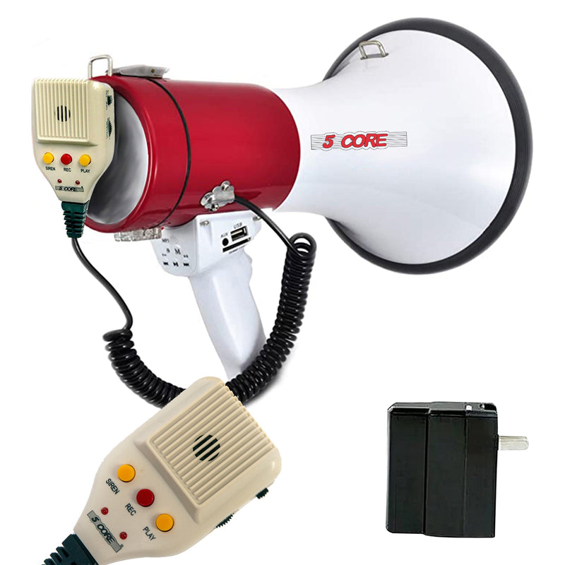 5 Core Megaphone Bull Horn 50W Loud Siren Noise Maker Professional Bullhorn Speaker Rechargeable PA System w Recording USB SD Card Adjustable Volume for Coaches Speeches Events Emergencies - 66SF WB-0