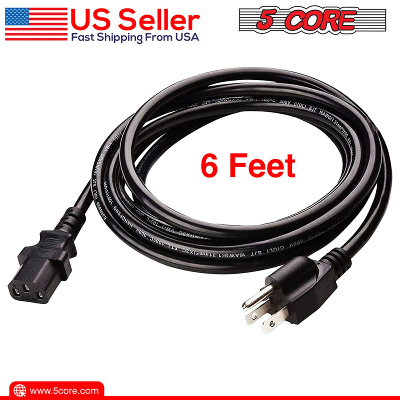 5 Core Extra Long AC Wall Power Cord for Led TV Computer PS3 - PS5 6Feet 3 Prong PC 1001-7