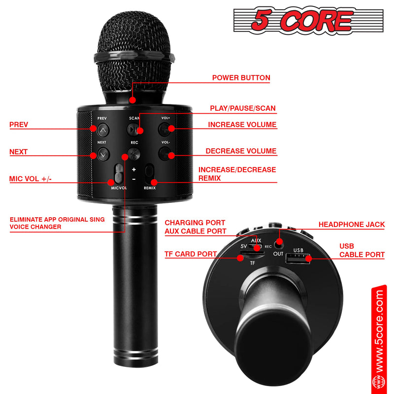 5 Core Bluetooth Wireless Karaoke Microphone, All-in-One Premium Handheld Karaoke Mic Speaker Recorder Player w/ Adjustable Remix FM Radio Great Gifts for Girls Boys Adults All Age (Black)- WM SPK BLK-8
