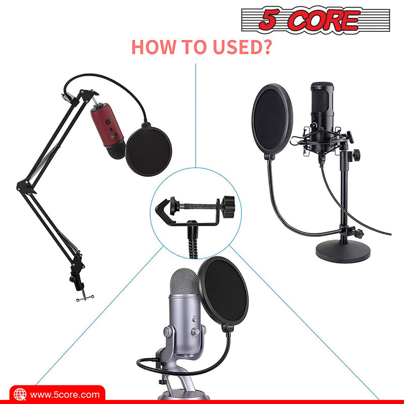 5 Core Microphone Pop Filter Dual Layered Pop Wind Screen with Enhanced Flexible Gooseneck Clip Stabilizing Arm for Vocal Recording- POP FILTER-4